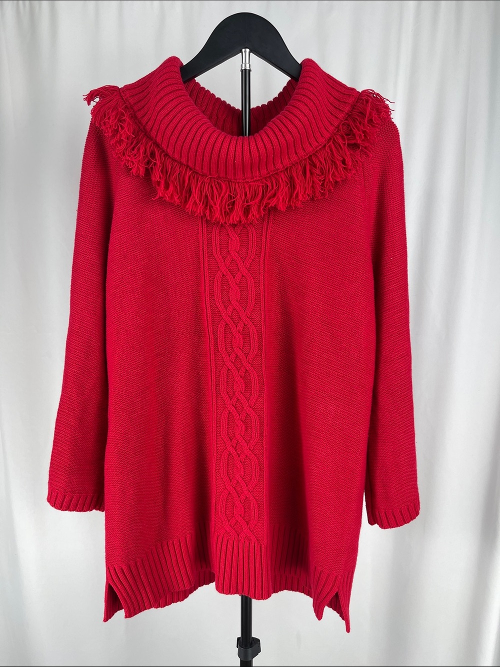 Karen Scott Red Fringe Cowl Neck Cable Knit Sweater – Size Large